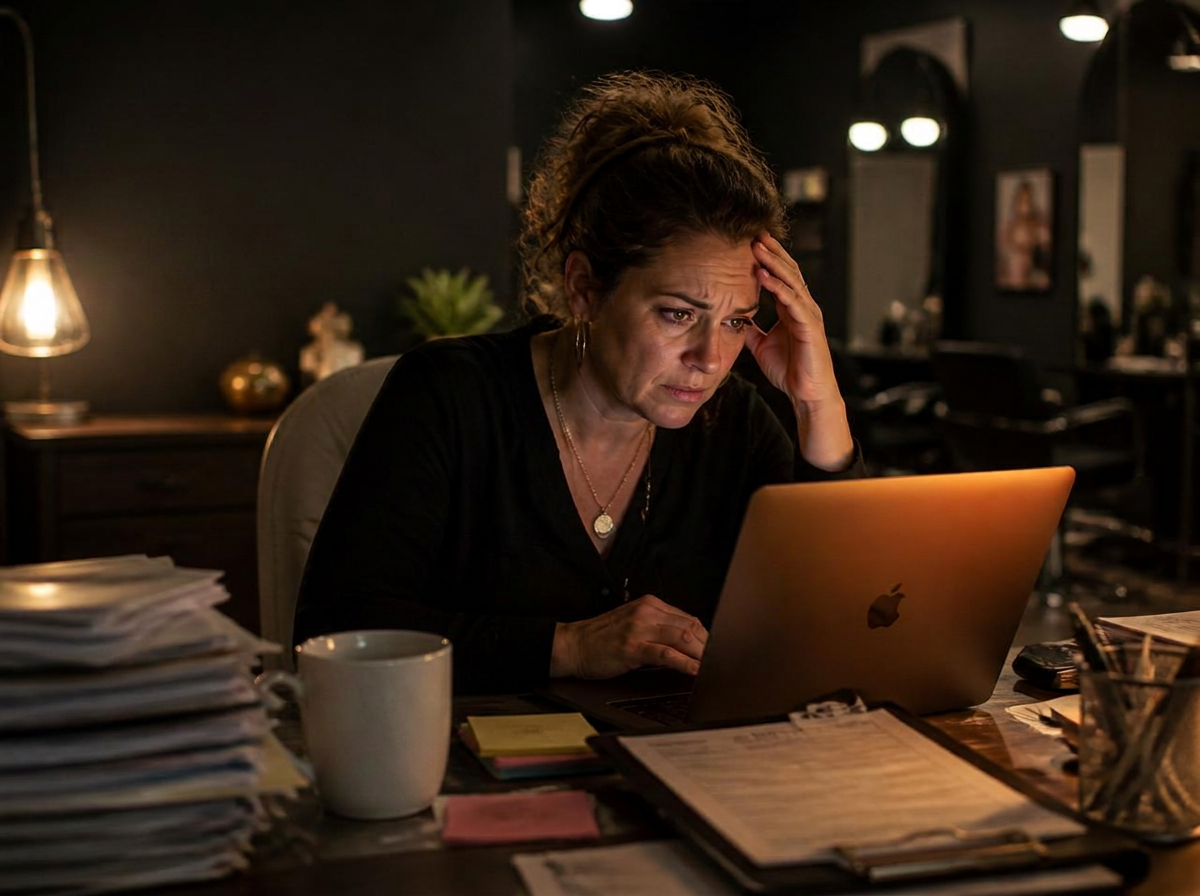 Beauty school owner frustrated at her laptop, surrounded by paperwork
